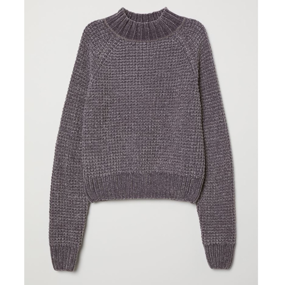 H&M Divided Mock Neck Soft Knit Chenille Cropped Grey Sweater